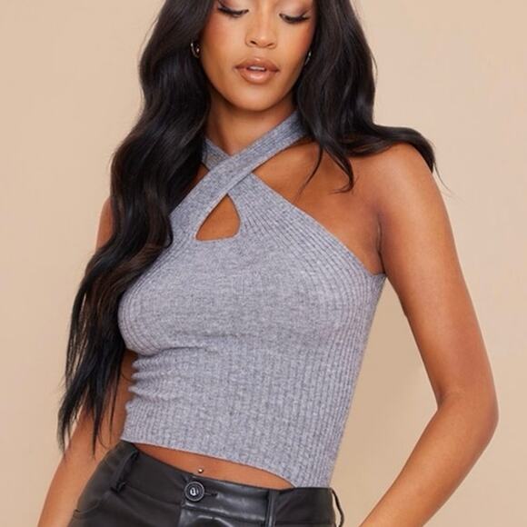 NWT PrettyLittleThing Tall Knitted Rib Cross Front Top Womens 10 Gray Minimalist - Picture 1 of 7